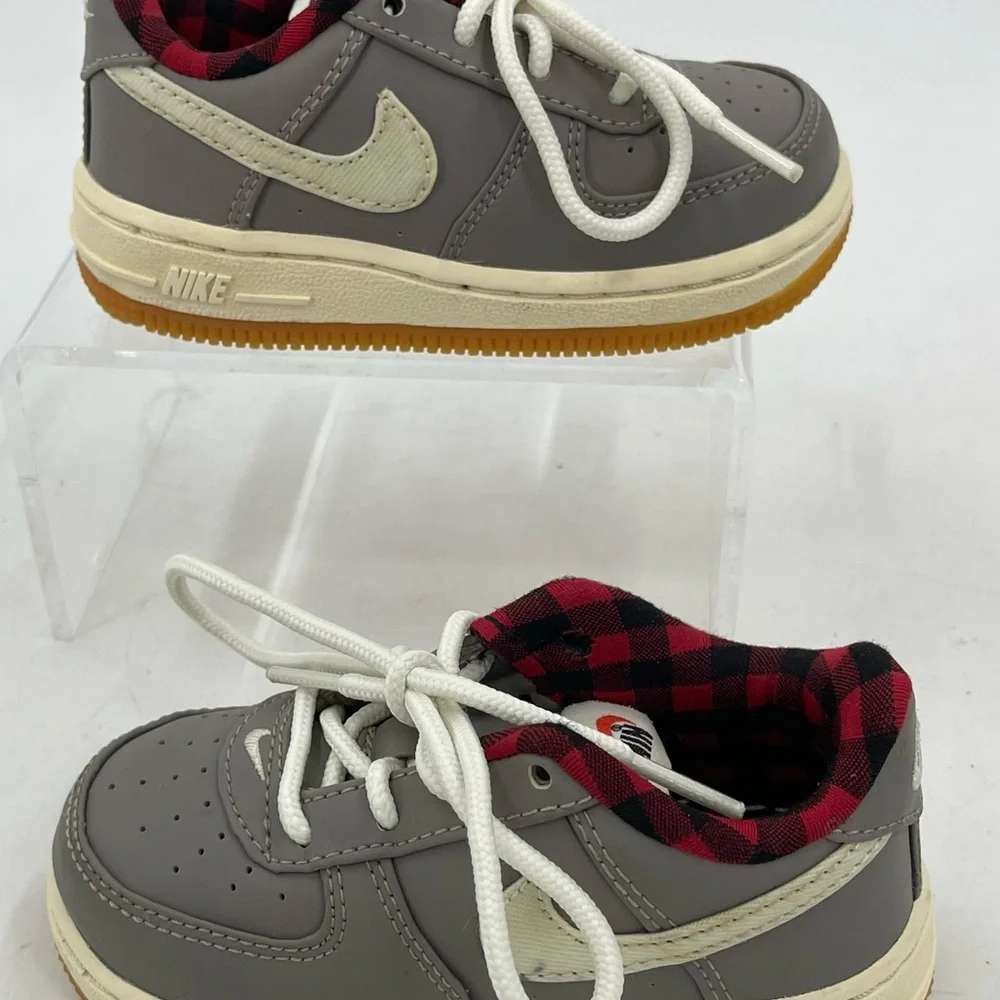 Nike Force 1 Gray Leather w/ Red Buffalo Plaid 874379-200 Toddler Size 6C * READ